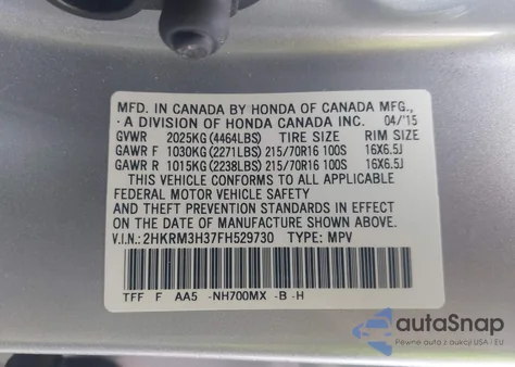 2015 Honda Cr-V Lx from USA, damaged, VIN 2HKRM3H37FH529730